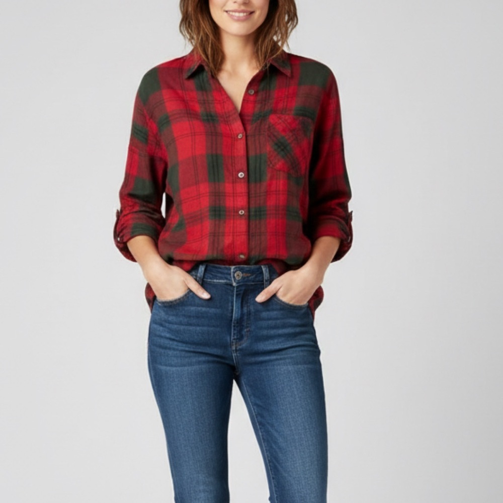 CJ BANKS Red Green Plaid Button Up Shirt Plus Size 1X Flannel Tartan Cozy Soft